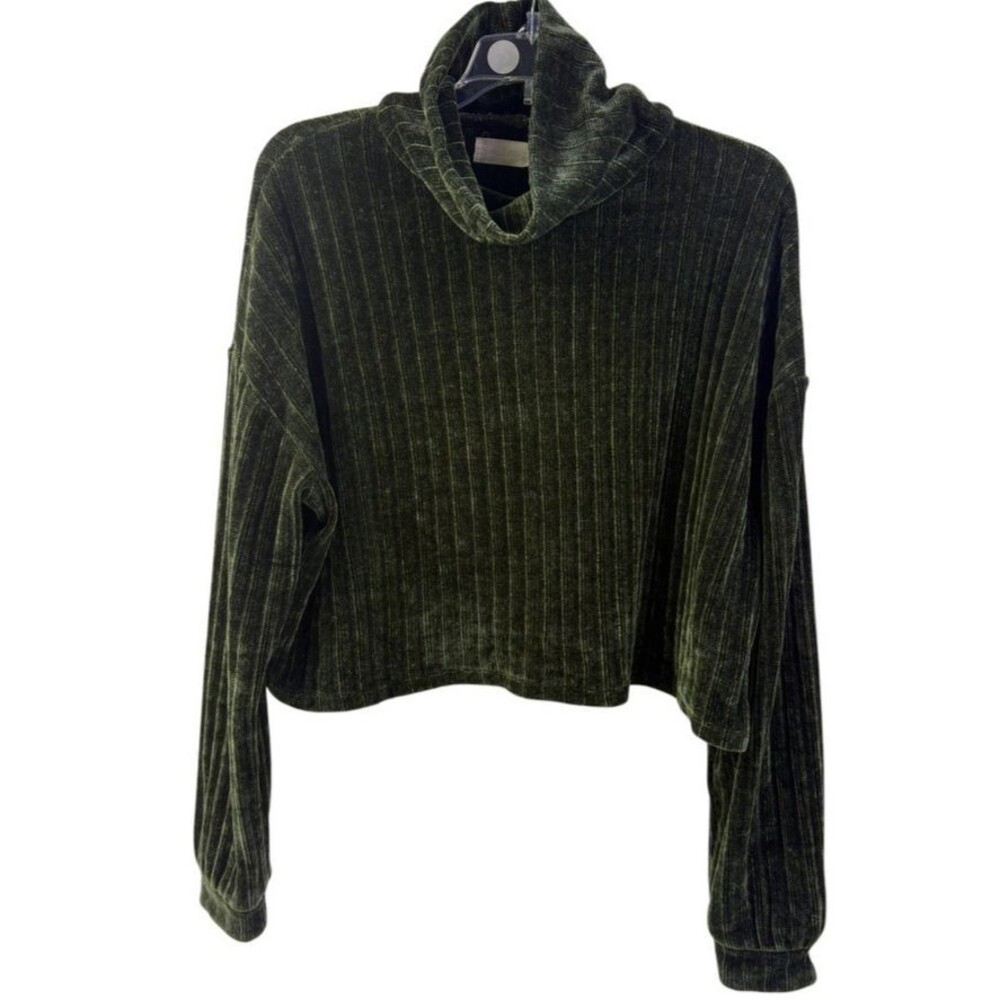 Altar'd State Cropped Turtleneck Sweater Dark Moss Green Ribbed Velour Velvet M